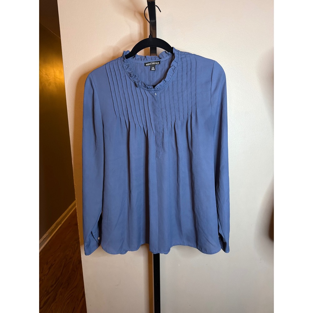 J.Crew Mercantile Womens Blue Pintuck Ruffle Collar Long Sleeve Blouse Size 12
